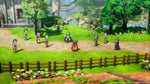 Dragon Quest I & II HD-2D Remake PS5 gameplay showing a colourful fantasy village with characters walking along a pathway, green trees, flowers and traditional buildings.