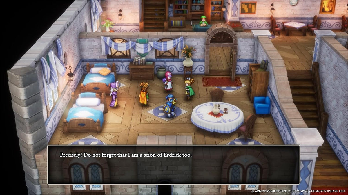 Dragon Quest I & II HD-2D Remake PlayStation 5 gameplay screenshot showing characters gathered inside a detailed building with wooden floors, beds, furniture and a dialogue box.