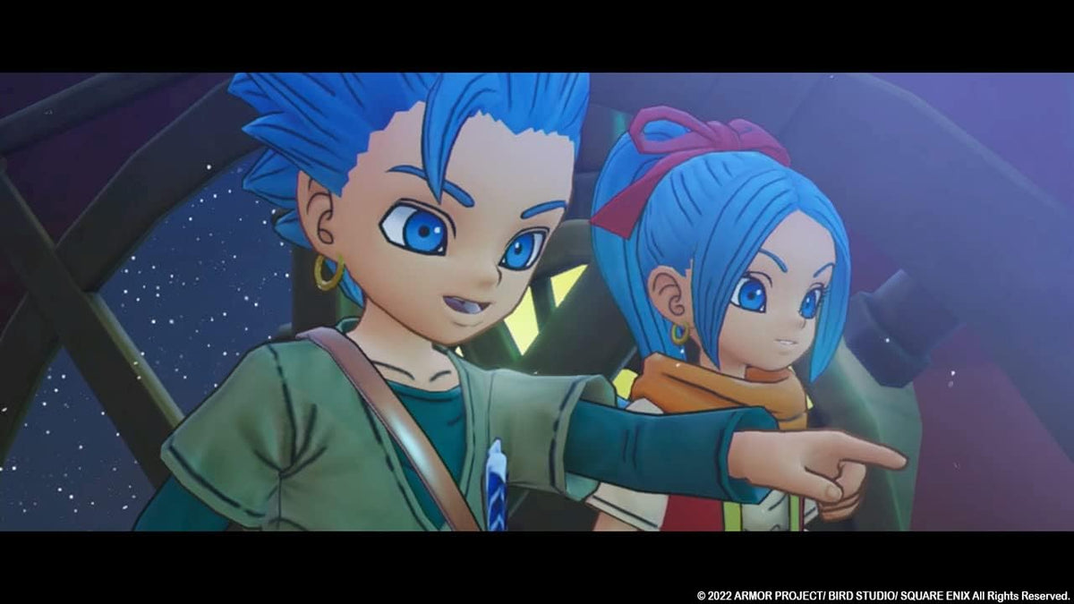 Dragon Quest Treasures Nintendo Switch screenshot featuring main characters Erik and Mia together during a cinematic story scene in the fantasy adventure.