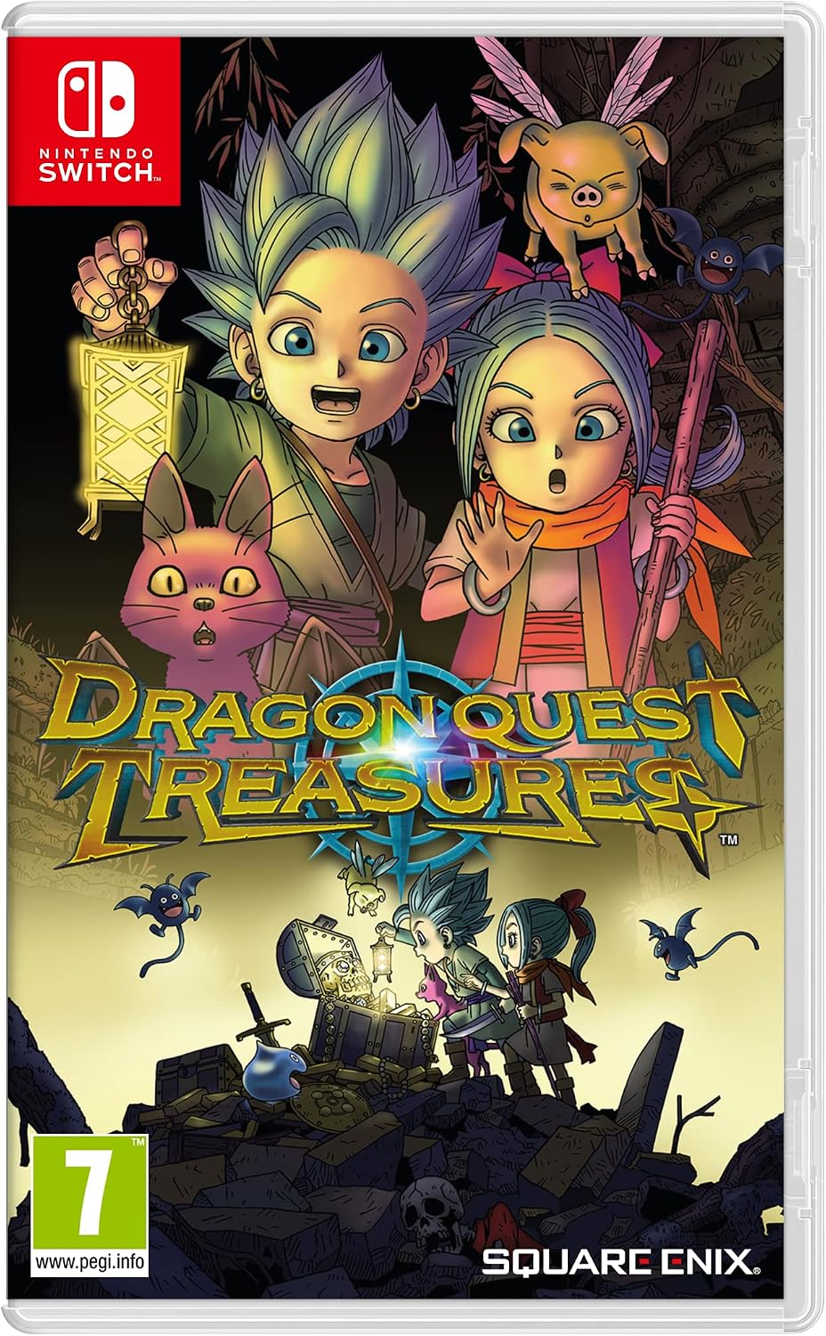 Dragon Quest Treasures Nintendo Switch physical game cover featuring Erik, Mia and colourful monsters, with official Square Enix artwork and PEGI 7 rating.