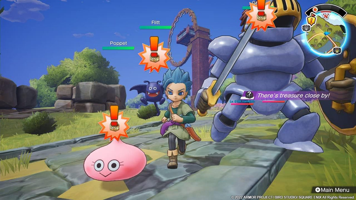 Dragon Quest Treasures Nintendo Switch gameplay showing colourful monster companions exploring a vibrant fantasy landscape with grassy terrain and ancient structures.