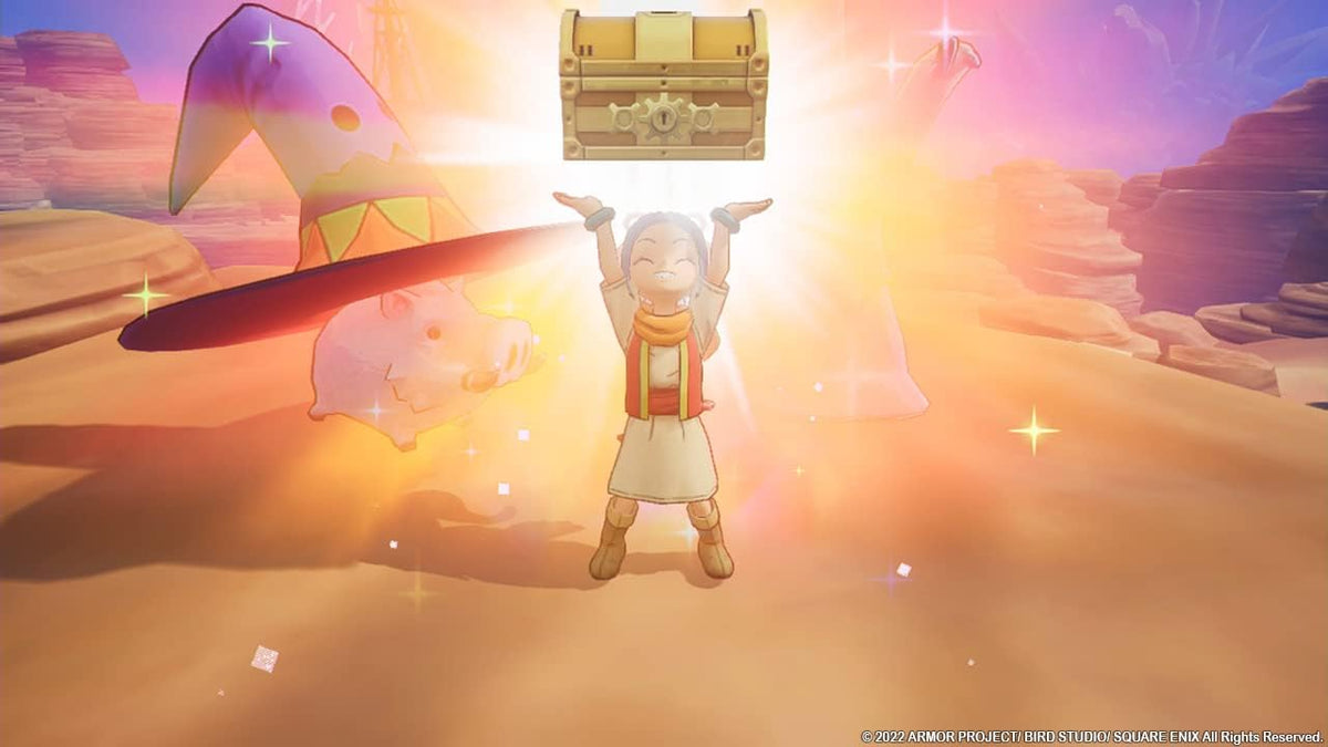 Dragon Quest Treasures Nintendo Switch gameplay screenshot showing a character surrounded by golden light in a vibrant fantasy adventure setting.