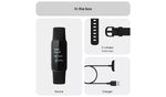 Fitbit Inspire 3 Midnight Zen Black fitness tracker product diagram showing the slim tracker, wristband components and charging accessories.