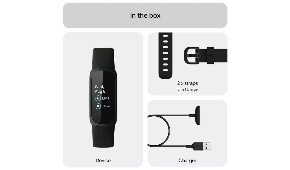 Fitbit Inspire 3 Midnight Zen Black fitness tracker product diagram showing the slim tracker, wristband components and charging accessories.