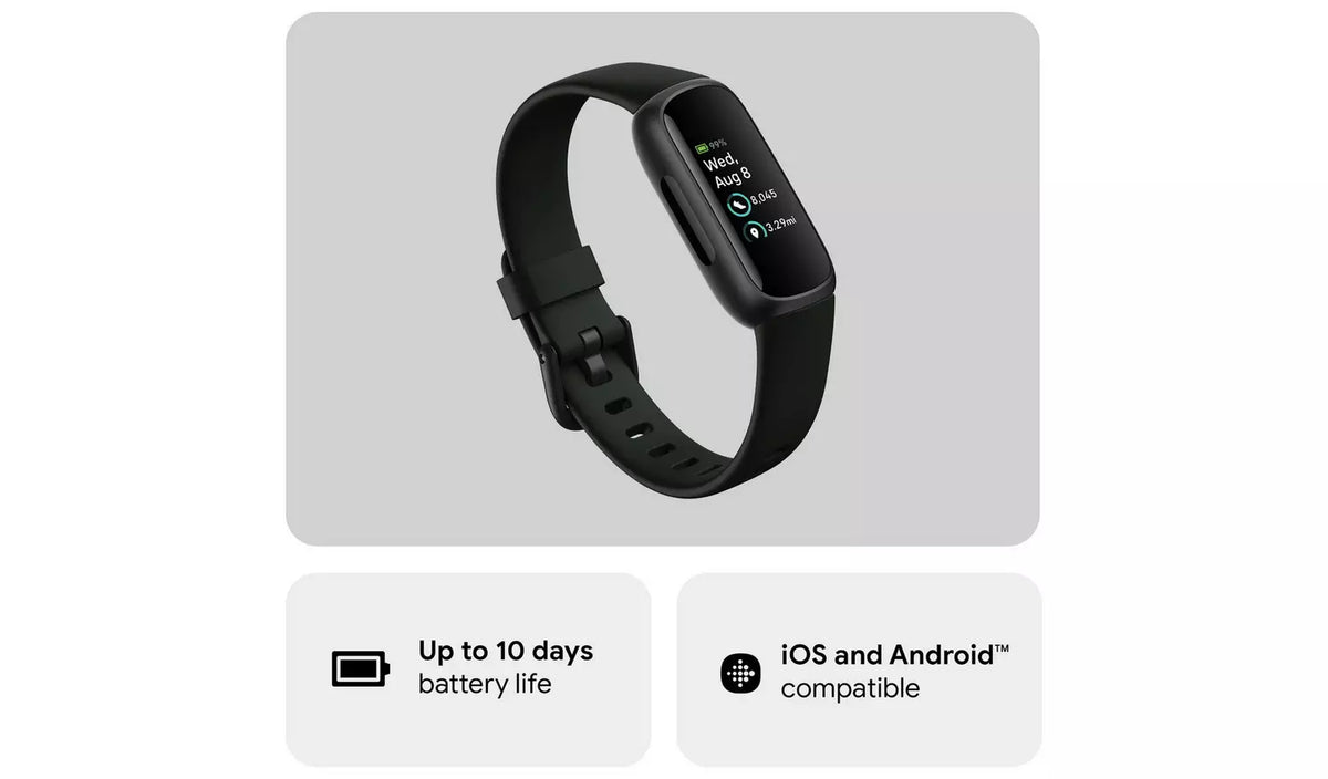 Fitbit Inspire 3 Black fitness tracker product illustration showing its compact wristband design, AMOLED display and everyday activity tracking features.