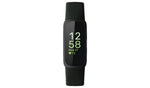 Fitbit Inspire 3 Fitness Tracker in Midnight Zen Black, front view showing the slim black wristband and colour AMOLED display with digital clock.