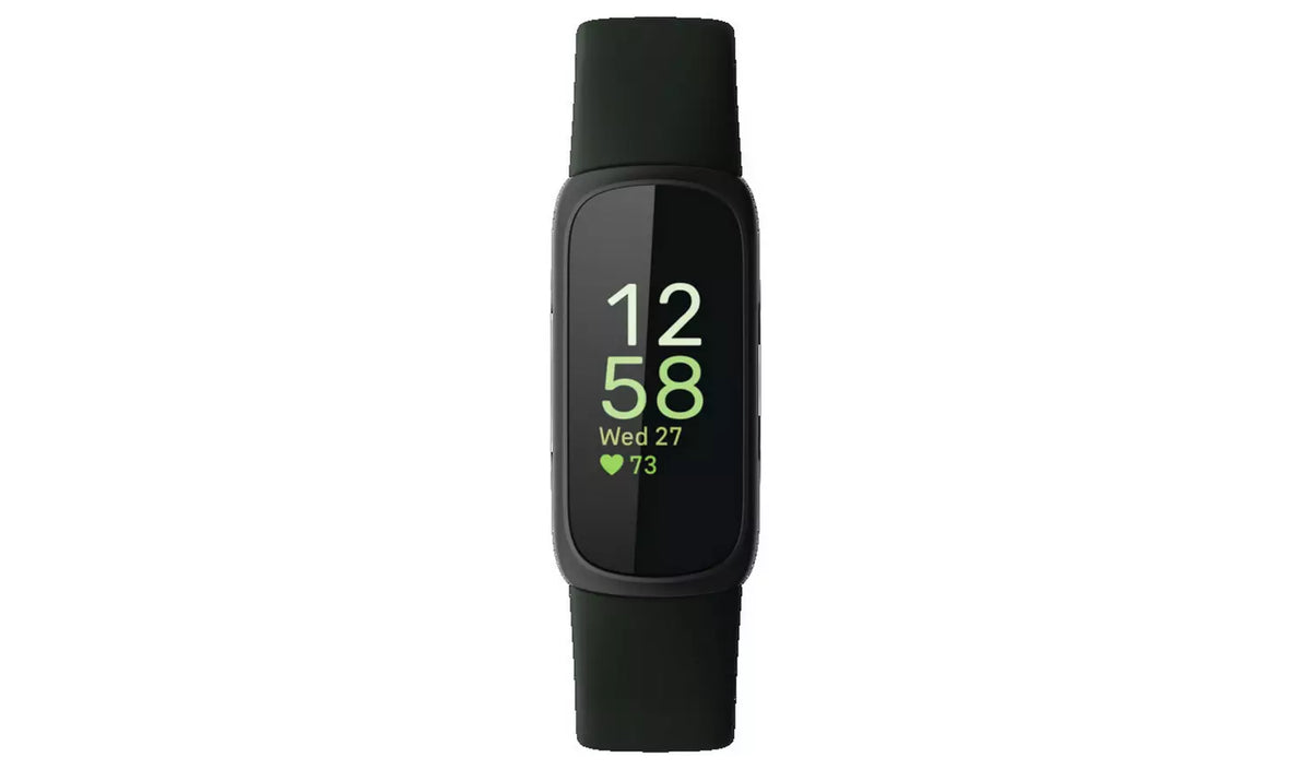 Fitbit Inspire 3 Fitness Tracker in Midnight Zen Black, front view showing the slim black wristband and colour AMOLED display with digital clock.