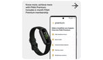 Fitbit Inspire 3 fitness tracker promotional graphic showing the black wristband alongside a smartphone app interface for viewing fitness and health information.