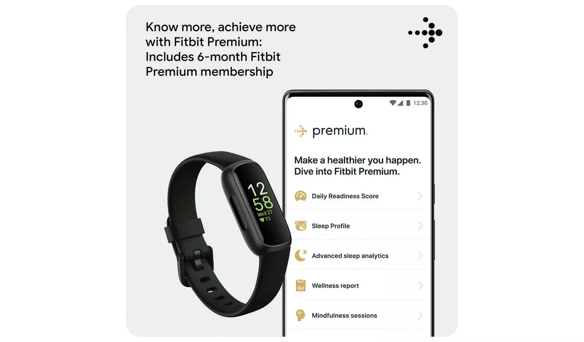 Fitbit Inspire 3 fitness tracker promotional graphic showing the black wristband alongside a smartphone app interface for viewing fitness and health information.