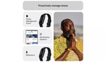 Fitbit Inspire 3 fitness tracker promotional graphic featuring a person wearing the tracker alongside illustrations of health, wellness and activity monitoring features.