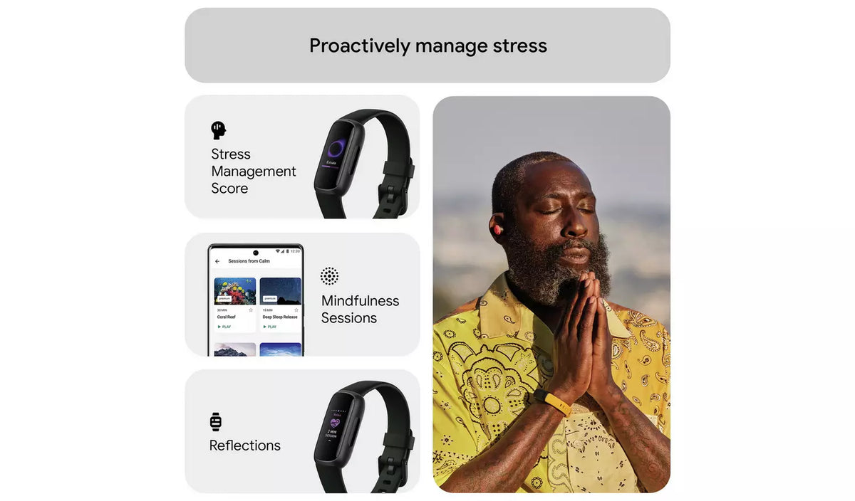 Fitbit Inspire 3 fitness tracker promotional graphic featuring a person wearing the tracker alongside illustrations of health, wellness and activity monitoring features.