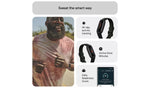 Fitbit Inspire 3 fitness tracker promotional image showing a person outdoors alongside activity tracking, heart rate monitoring and fitness feature illustrations.