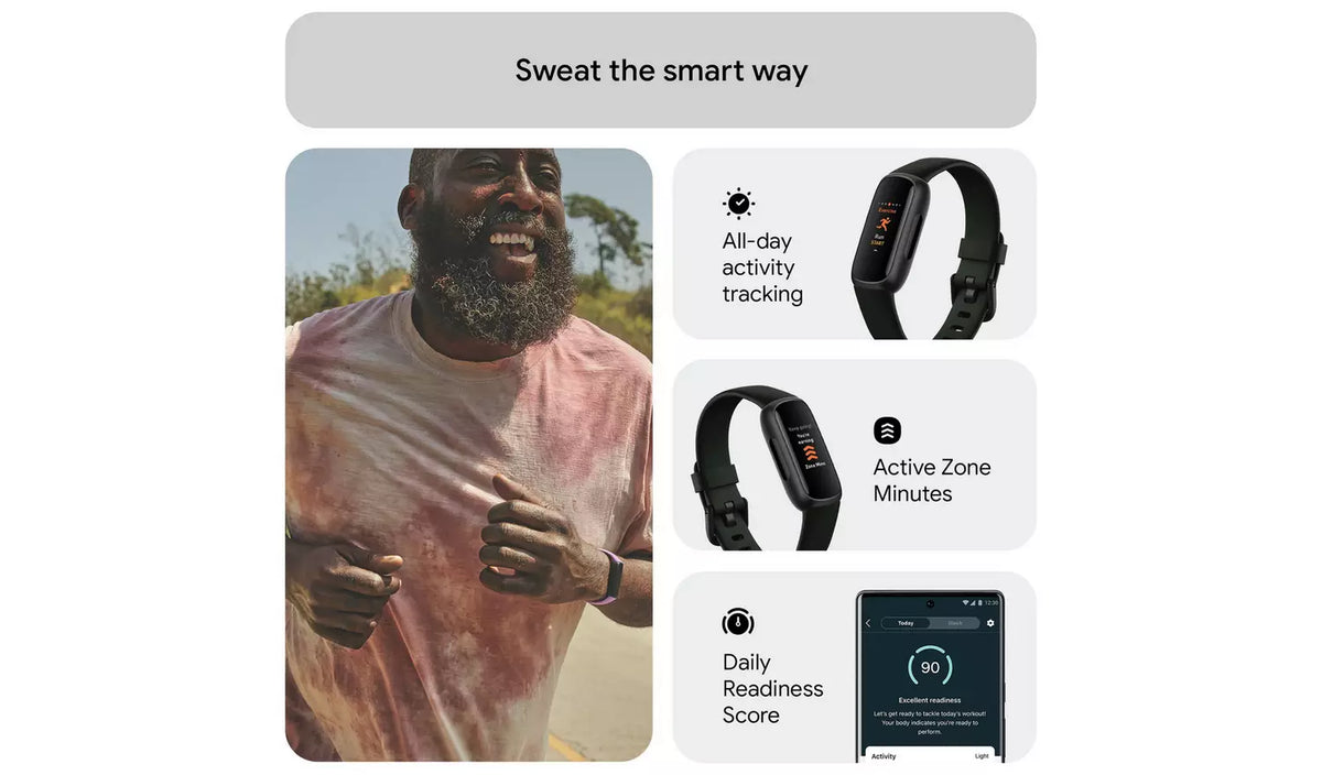 Fitbit Inspire 3 fitness tracker promotional image showing a person outdoors alongside activity tracking, heart rate monitoring and fitness feature illustrations.