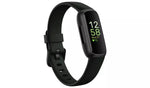 Fitbit Inspire 3 Midnight Zen Black fitness tracker shown at an angle, highlighting its slim adjustable wristband, colour touchscreen and lightweight design.