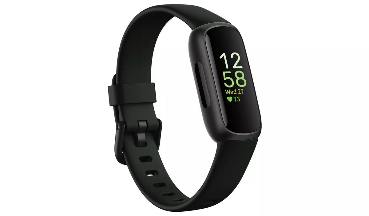 Fitbit Inspire 3 Midnight Zen Black fitness tracker shown at an angle, highlighting its slim adjustable wristband, colour touchscreen and lightweight design.