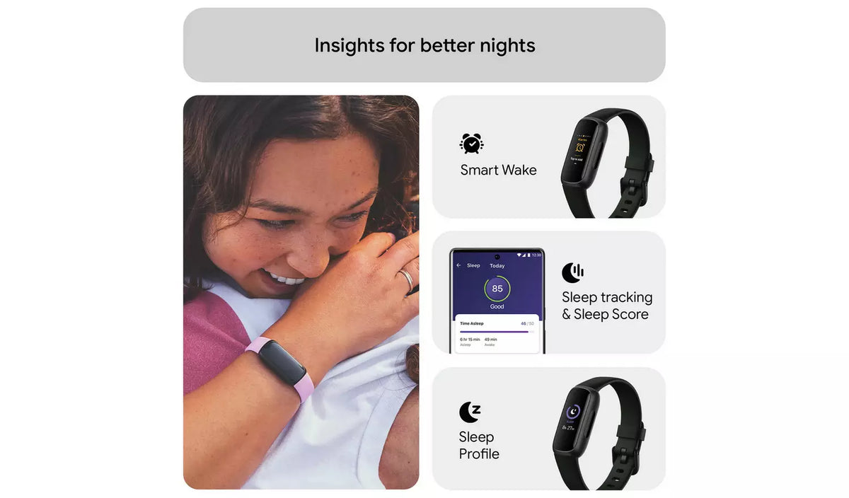 Fitbit Inspire 3 fitness tracker promotional image showing a person resting alongside sleep tracking information and health monitoring feature illustrations.