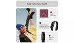 Fitbit Inspire 3 activity tracker promotional image featuring an active person alongside workout tracking, exercise monitoring and fitness statistics.