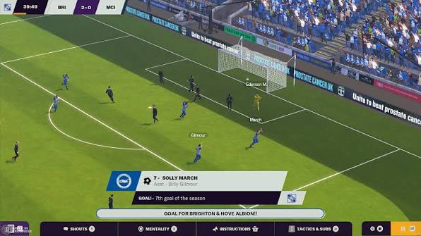 Football Manager 2024 Console Edition PlayStation 5 screenshot showing a 3D football match in progress with players on the pitch, stadium crowds and match information.