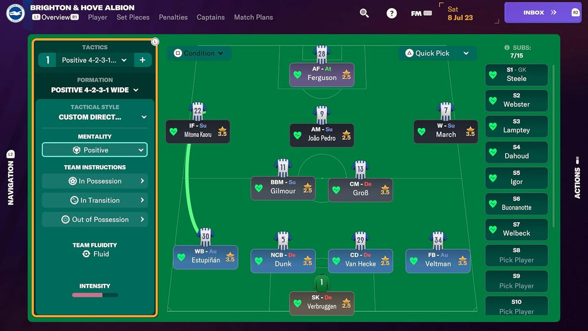 Football Manager 2024 Console Edition PlayStation 5 gameplay showing the tactical formation screen with player positions, team instructions and football management options.