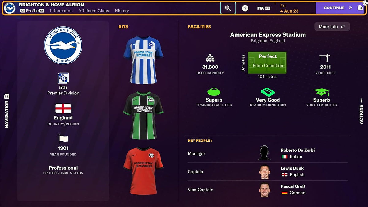 Football Manager 2024 Console Edition PS5 gameplay showing a football club management screen with team kits, club information and management options.
