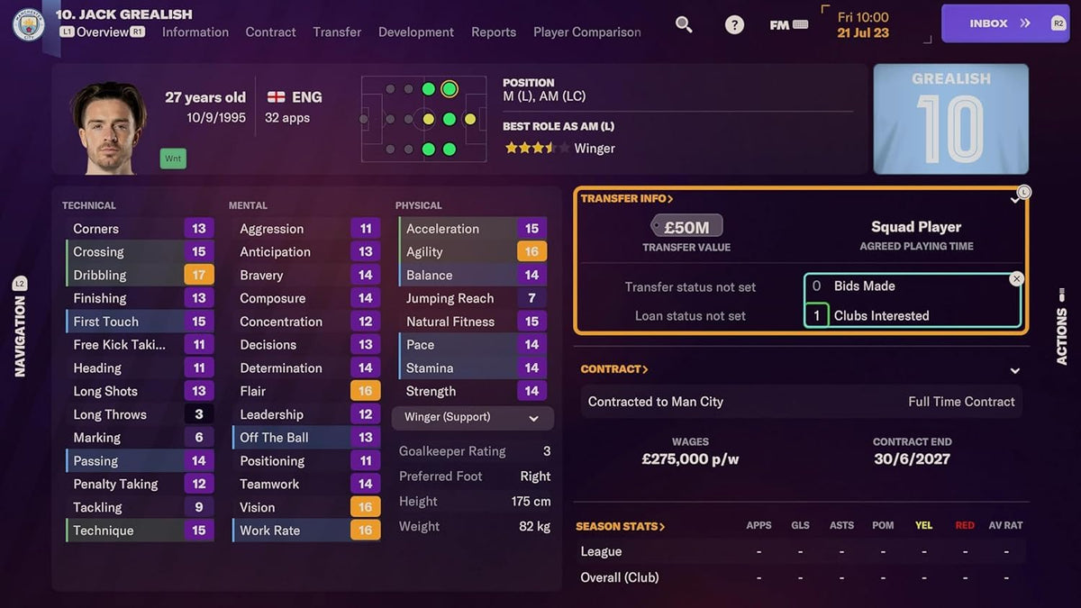 Football Manager 2024 Console Edition PS5 gameplay featuring a detailed player profile with footballer attributes, performance statistics and scouting information.