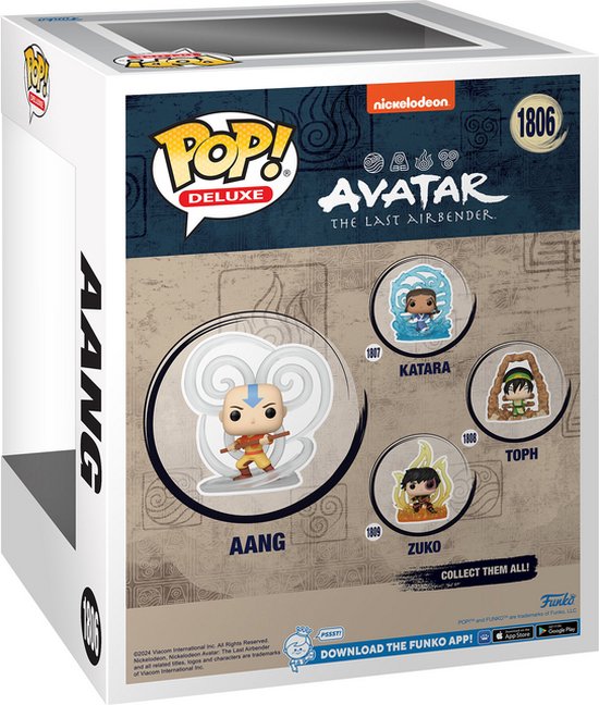 Back of Funko Pop Deluxe Aang 1806 box showing Avatar The Last Airbender collection figures