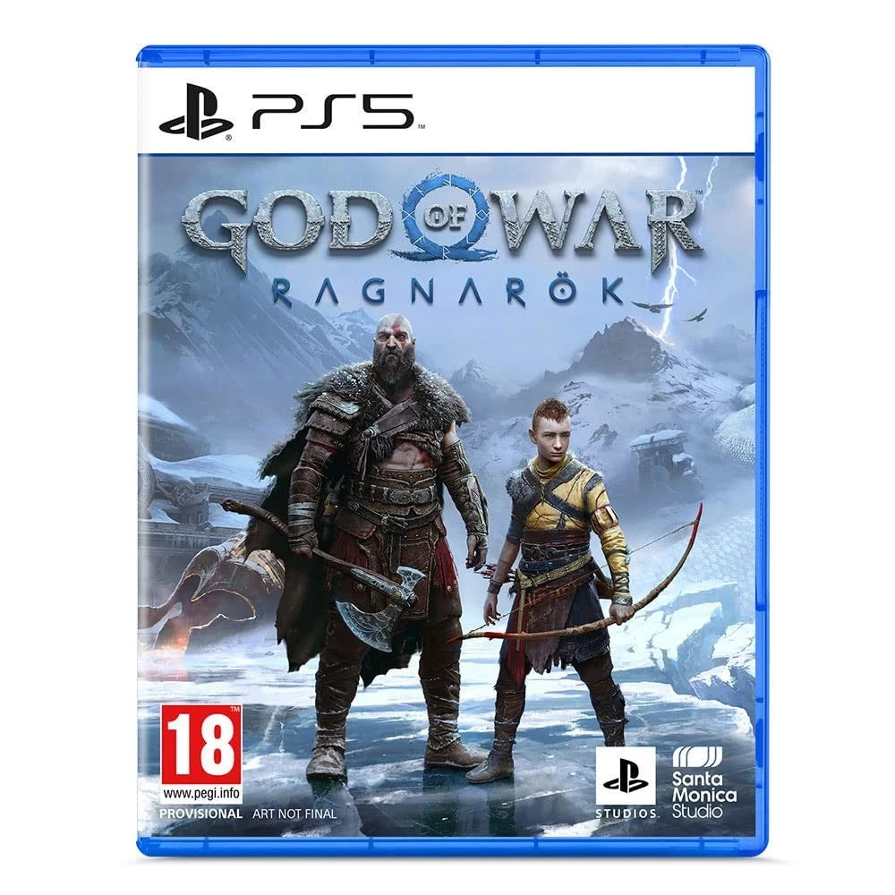 God of War Ragnarök for PlayStation 5, resealed edition, featuring Kratos and Atreus on the official PS5 game cover with PEGI 18 rating.