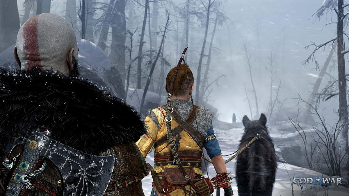God of War Ragnarök PS5 gameplay screenshot showing Kratos travelling through a snow-covered forest with companions during their Norse mythology adventure.