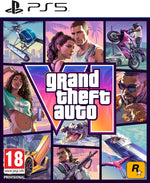 Grand Theft Auto VI PS5 front cover featuring the GTA VI logo surrounded by illustrated characters and vehicles