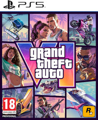 Grand Theft Auto VI PS5 front cover featuring the GTA VI logo surrounded by illustrated characters and vehicles