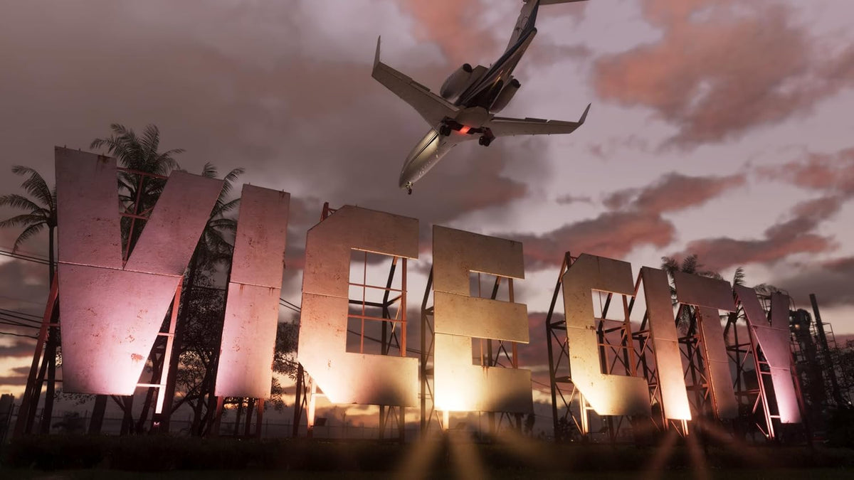 Airplane flying above an illuminated Vice city skyline at sunset