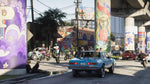 Rear view of a blue car driving along a city street lined with colourful murals and palm trees. Gta 6 Vice city for PS5.