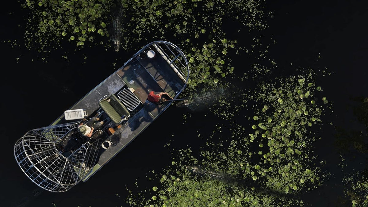 Overhead view of a boat on dark water surrounded by dense green vegetation in swamp area of gta 6 vice city for ps5.