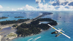 Aerial view of coastal islands, bridges and turquoise water with a small plane flying overhead in Grand theft auto 6 vice city.