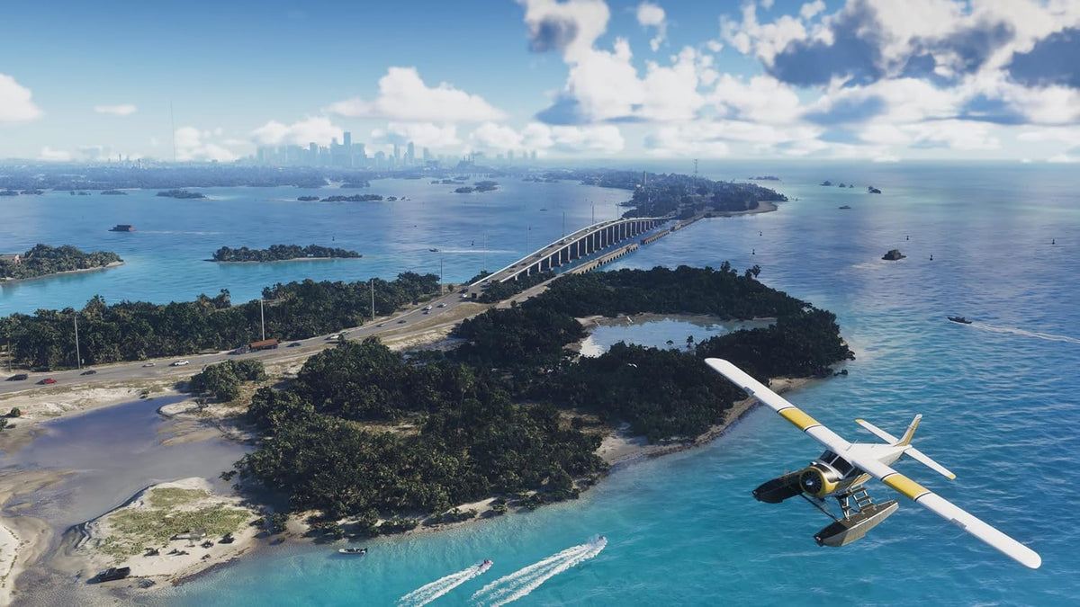 Aerial view of coastal islands, bridges and turquoise water with a small plane flying overhead in Grand theft auto 6 vice city.