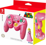 HORI Battle Pad Princess Peach GameCube-style wired controller for Nintendo Switch in official Super Mario retail packaging, featuring the pink controller and Princess Peach artwork.