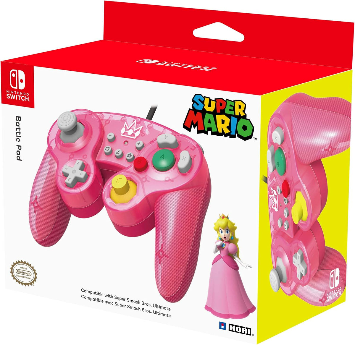 HORI Battle Pad Princess Peach GameCube-style wired controller for Nintendo Switch in official Super Mario retail packaging, featuring the pink controller and Princess Peach artwork.