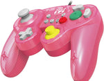 HORI Battle Pad Princess Peach Nintendo Switch controller shown at a three-quarter angle, highlighting the pink casing, ergonomic grips, yellow C-stick and green A button.