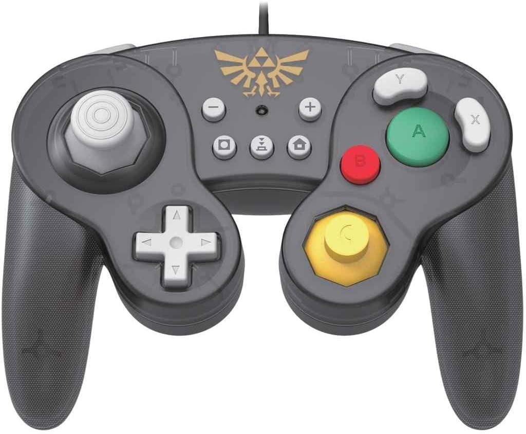 HORI Battle Pad The Legend of Zelda wired controller for Nintendo Switch, front view showing the black GameCube-style design, gold Hylian Crest and colourful buttons.