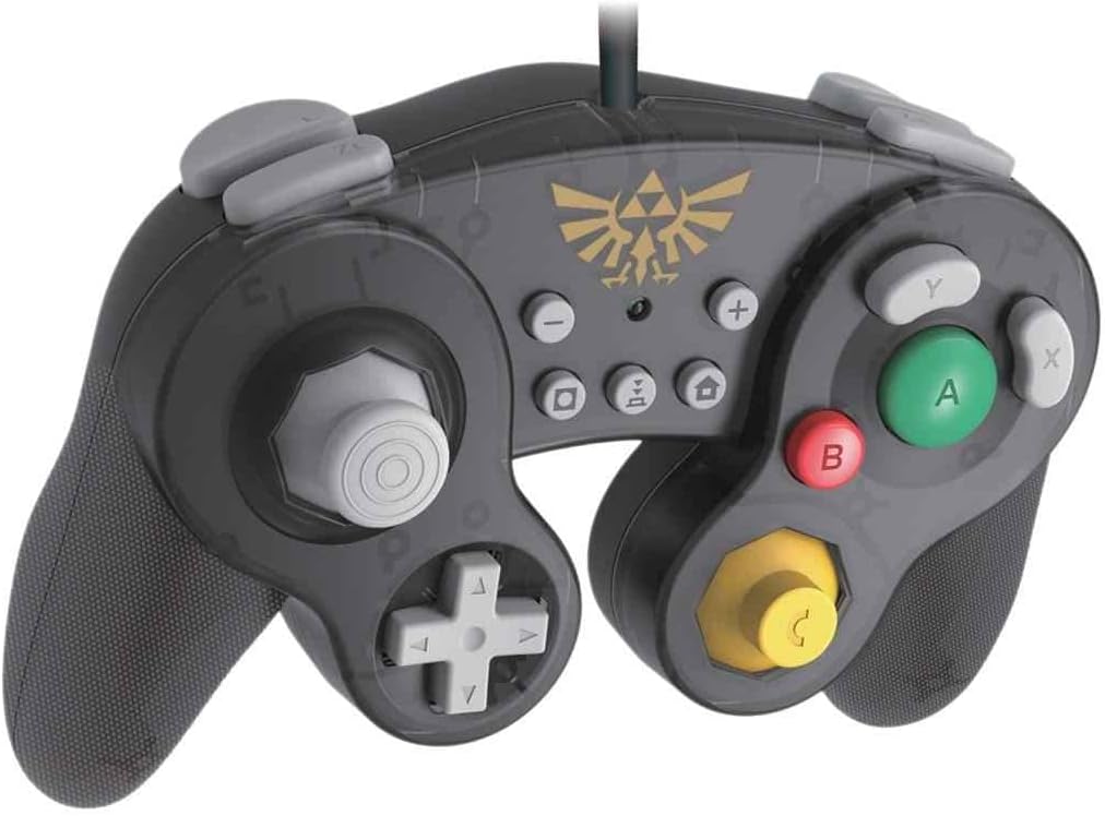 HORI Battle Pad The Legend of Zelda wired controller viewed from a raised angle, showing the black GameCube-inspired casing, gold Zelda emblem and distinctive button arrangement.