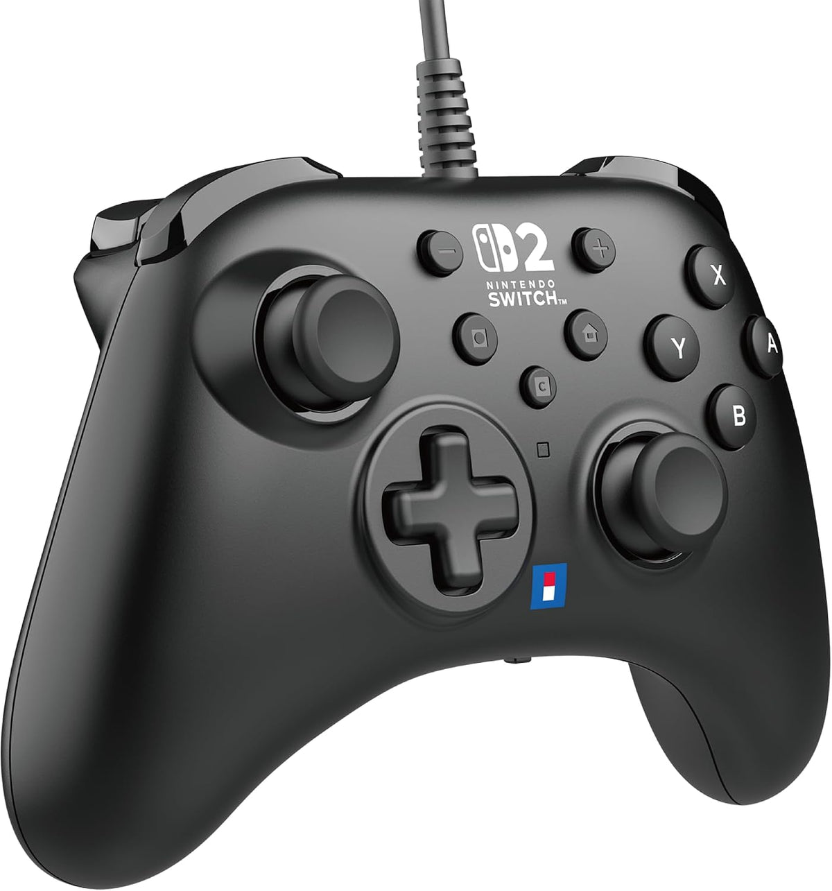 HORI HORIPAD Turbo Wired Controller for Nintendo Switch in Black, shown from a raised front angle with its button layout, analogue sticks and ergonomic handles.