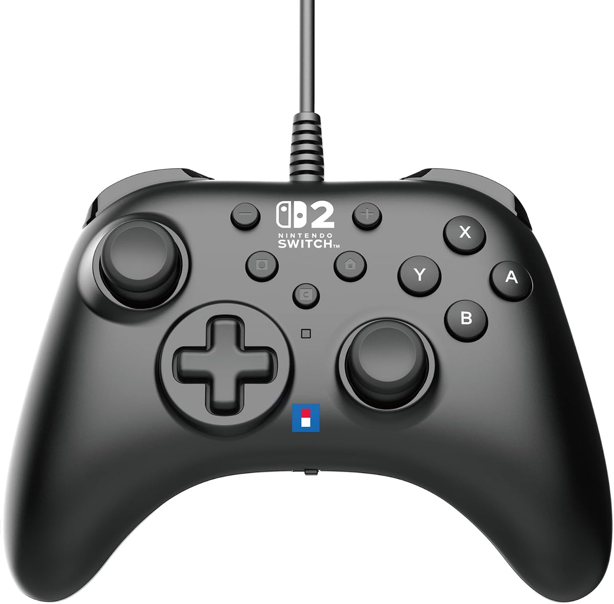 Front view of the HORI HORIPAD Turbo Wired Controller in Black, showing its offset analogue sticks, D-pad, face buttons, Turbo controls and attached USB cable.