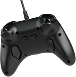 Rear view of the HORI HORIPAD Turbo Wired Controller in Black, showing its curved back casing, shoulder buttons, textured grips and attached USB cable.