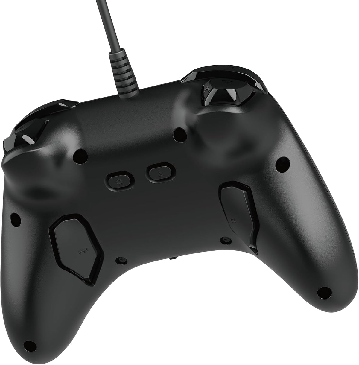 Rear view of the HORI HORIPAD Turbo Wired Controller in Black, showing its curved back casing, shoulder buttons, textured grips and attached USB cable.
