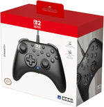 HORI HORIPAD Turbo Wired Controller in Black for Nintendo Switch, shown in official retail packaging with the black controller, USB cable and Nintendo Switch 2 branding.