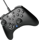 HORI HORIPAD Turbo Black wired Nintendo Switch controller shown at an angle, highlighting its ergonomic grips, offset analogue sticks and large shoulder buttons.
