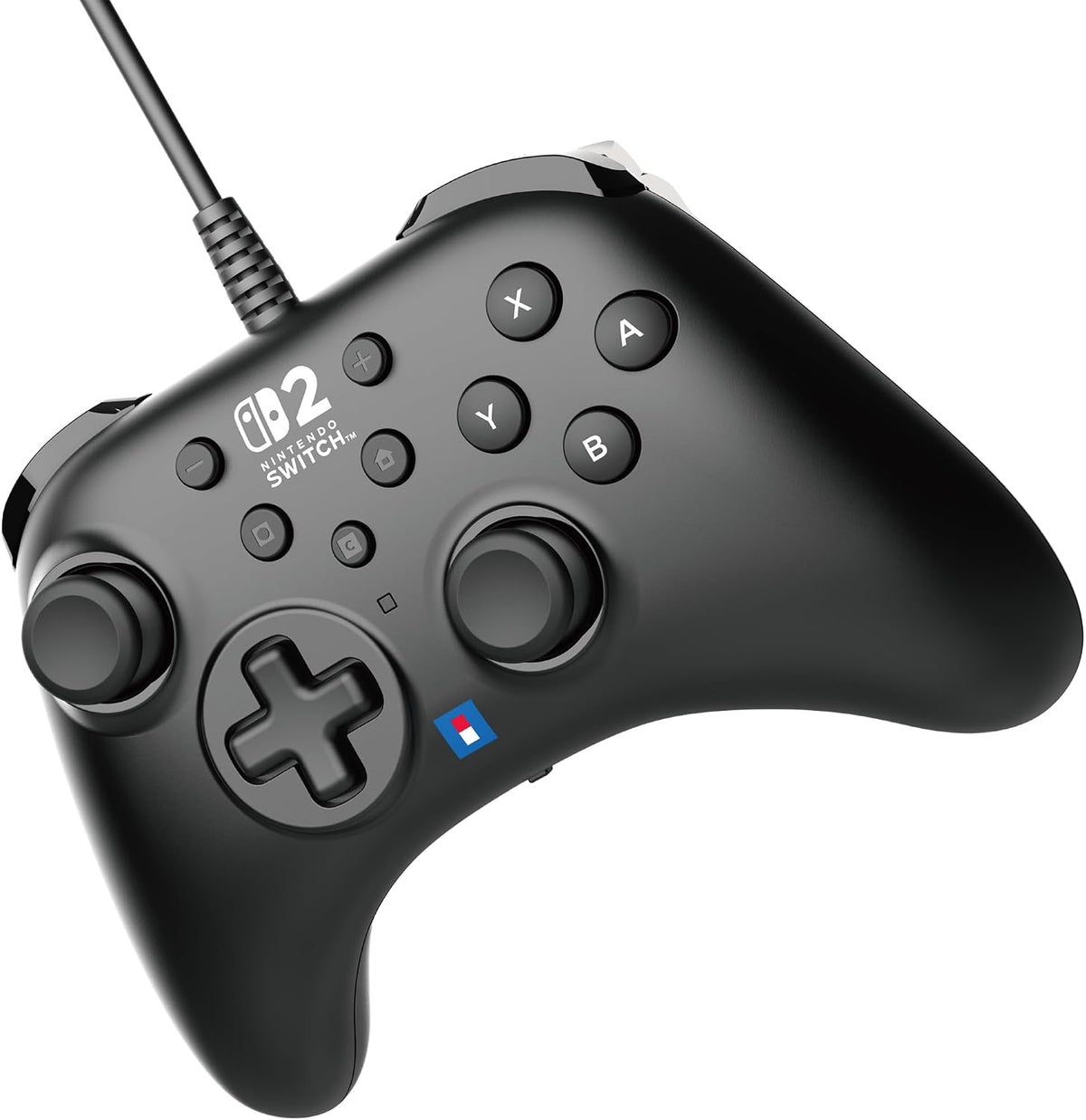 HORI HORIPAD Turbo Black wired Nintendo Switch controller shown at an angle, highlighting its ergonomic grips, offset analogue sticks and large shoulder buttons.