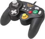 HORI The Legend of Zelda Battle Pad for Nintendo Switch shown at a three-quarter angle, highlighting its black ergonomic grips, GameCube-style controls and colourful buttons.
