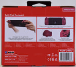 Back of the HORI Split Pad Compact Apricot Red Nintendo Switch controller retail box, displaying product features, handheld controller design and compatibility information.