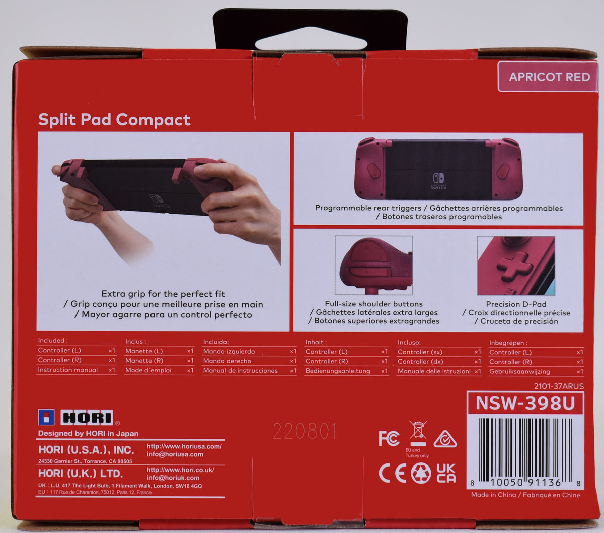 Back of the HORI Split Pad Compact Apricot Red Nintendo Switch controller retail box, displaying product features, handheld controller design and compatibility information.